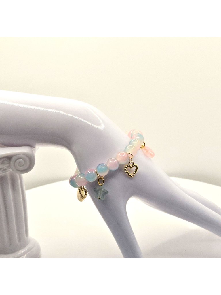 Pastel Charm Beaded Bracelet With Gold-Tone Heart & Star Accents Stretch Design